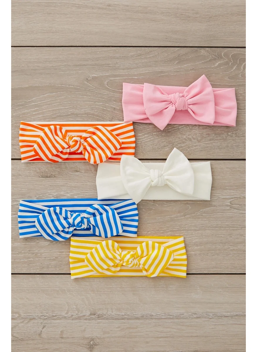 Babygiz Handmade Ultra Soft Bow Tie 100% Natural Cotton Double Layer Combed Cotton FIVE IN ONE Baby and Kids Girls Bandana Headband Set - 5 different patterns and colors