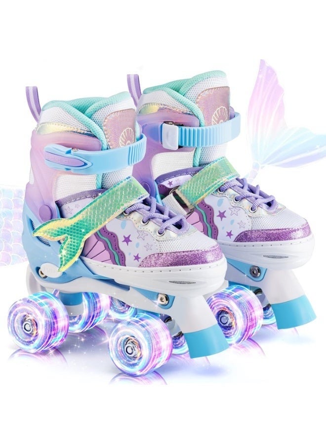 ASIV Adjustable Roller Skates - Purple-Blue Little Mermaid Roller Skates Suitable for Girls Aged 3 to 12, For Beginners Both Indoors and Outdoors, with Lighting Effects（S） - Image 1