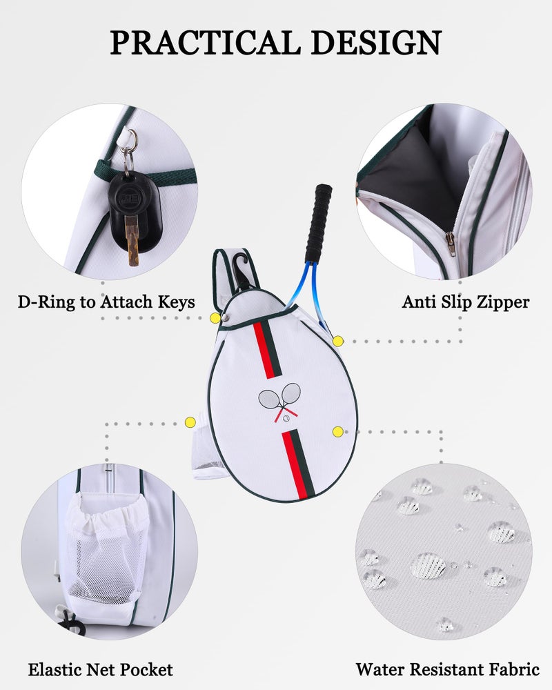 Rejolly Tennis Racket Bag for Women Men One Shoulder Crossbody Sling Bag Water Resistant Racquet Cover for 2 Tennis Rackets, Pickleball Paddles, Badminton Racquet White Red Green Stripe - Image 5