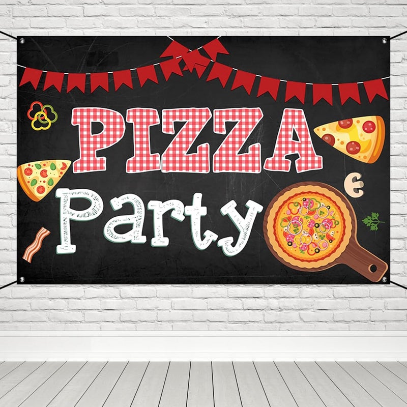 Renaiss 6x36ft Pizza Party Banner Blackboard Pizza Party Decorations Kids Cooking Theme Birthday Party Supplies Red Black Pizza Themed Newborn Baby Shower Large Yard Sign Pizzeria Party Backdrop - Image 1