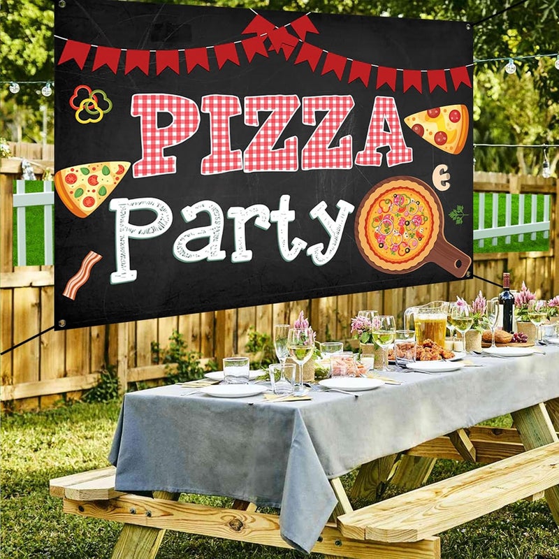Renaiss 6x36ft Pizza Party Banner Blackboard Pizza Party Decorations Kids Cooking Theme Birthday Party Supplies Red Black Pizza Themed Newborn Baby Shower Large Yard Sign Pizzeria Party Backdrop - Image 2