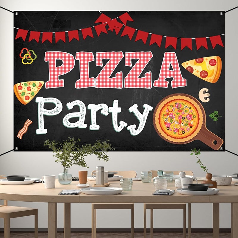 Renaiss 6x36ft Pizza Party Banner Blackboard Pizza Party Decorations Kids Cooking Theme Birthday Party Supplies Red Black Pizza Themed Newborn Baby Shower Large Yard Sign Pizzeria Party Backdrop - Image 3