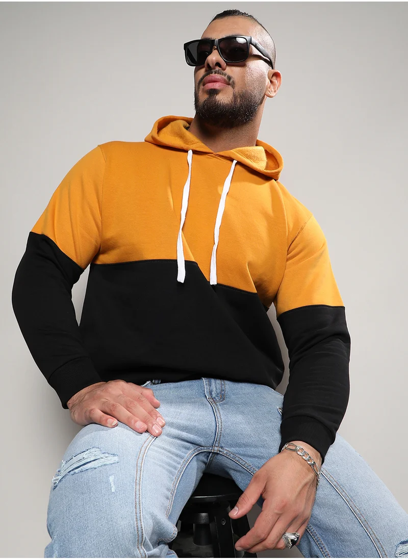 انستافاب بلس Instafab Plus Men's Black & Mustard Yellow Contrast Panel Sweatshirt For Casual Wear | Hooded Neck | Long Sleeve | Pull On Closure | Cotton Sweatshirt Crafted With Comfort Fit For Everyday Wear