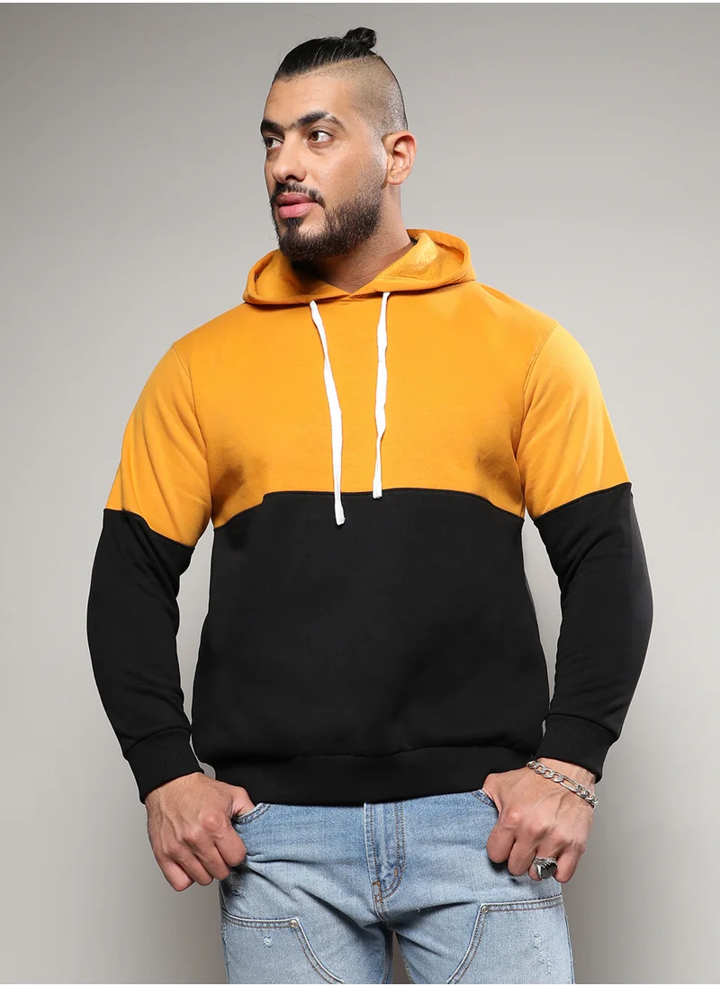 انستافاب بلس Instafab Plus Men's Black & Mustard Yellow Contrast Panel Sweatshirt For Casual Wear | Hooded Neck | Long Sleeve | Pull On Closure | Cotton Sweatshirt Crafted With Comfort Fit For Everyday Wear
