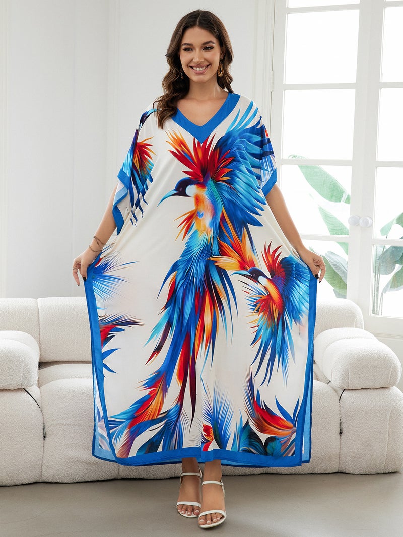 Generic Cross-border European and American rayon tie-dyed beach jumpsuit long dress loose robe bikini swimsuit outer blouse sun protection shirt Zs2277-16 bird of heaven