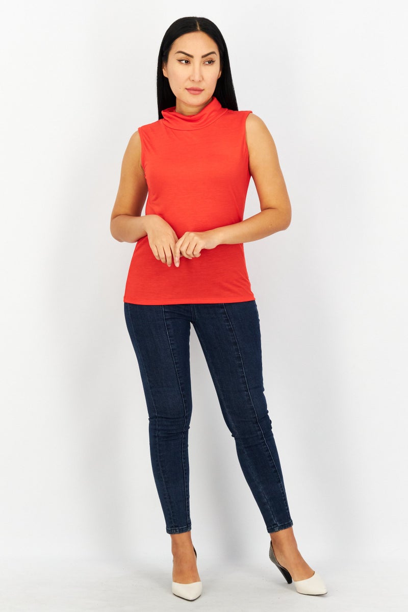 NA-KD Women Mock Neck Sleeveless Plain Tank Top, Red - Image 3