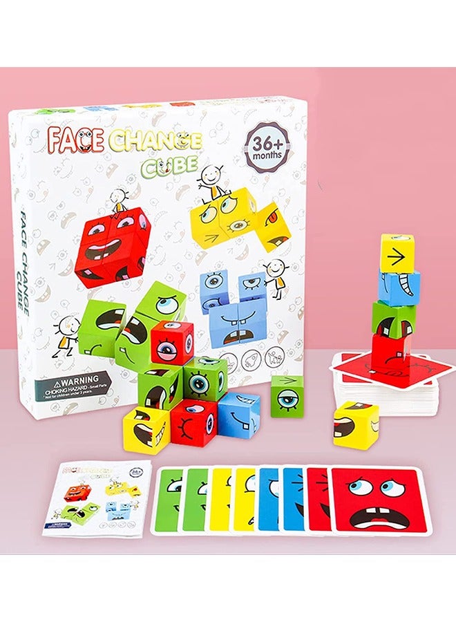 Expression Puzzle Building Cubes Wooden Face-Changing Magic Cube Building Blocks Matching Game Logical Thinking Training Brain Toy Borad Games Educational Montessori Toys  - Image 1