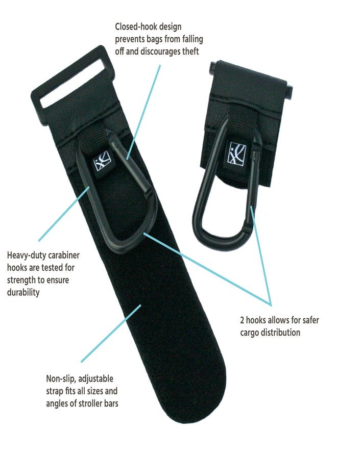 J.L. Childress Clip 'N Carry Stroller Hooks - Universal Stroller Clips with Non-Slip Straps - Durable Carabiners to Hold Watter Bottles & Bags - 2 Pack - Perfect for Uppababy & more - Black - Image 2