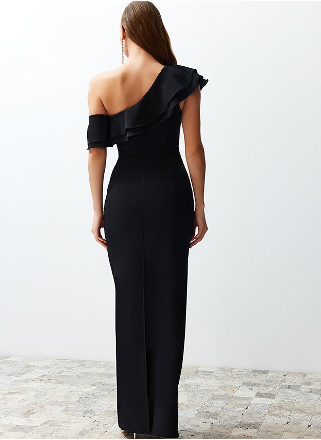 Black Flounce Woven Elegant Evening Dress TPRSS24AE00066