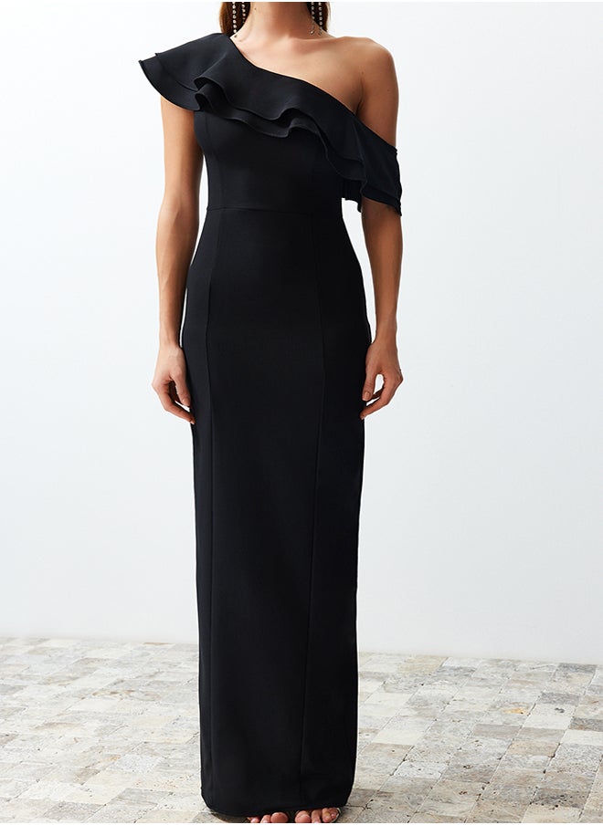 Black Flounce Woven Elegant Evening Dress TPRSS24AE00066