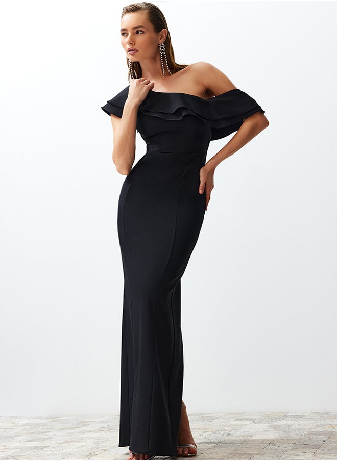 Black Flounce Woven Elegant Evening Dress TPRSS24AE00066