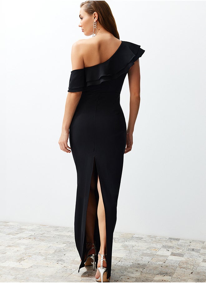 Black Flounce Woven Elegant Evening Dress TPRSS24AE00066