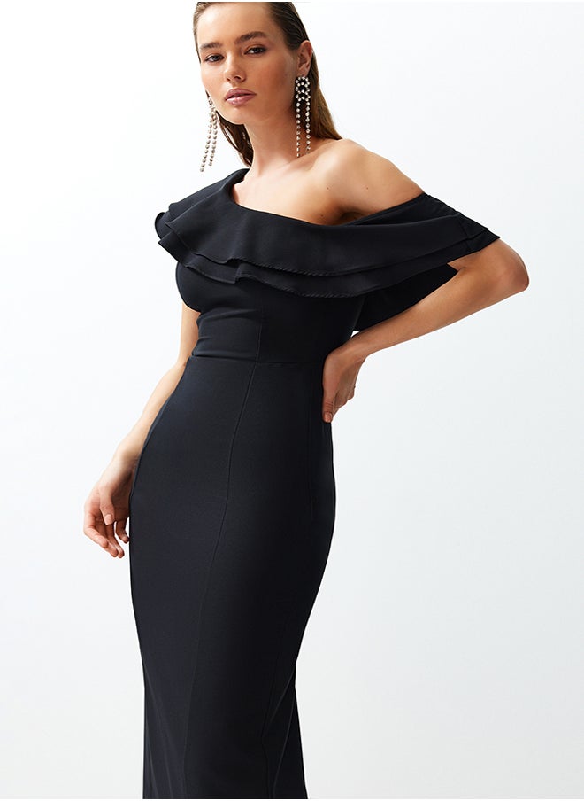 Black Flounce Woven Elegant Evening Dress TPRSS24AE00066
