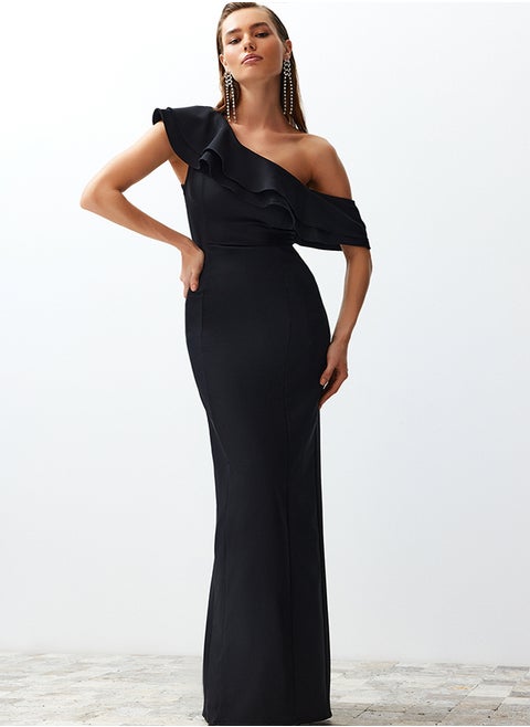 Black Flounce Woven Elegant Evening Dress TPRSS24AE00066