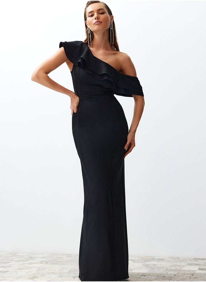 Black Flounce Woven Elegant Evening Dress TPRSS24AE00066