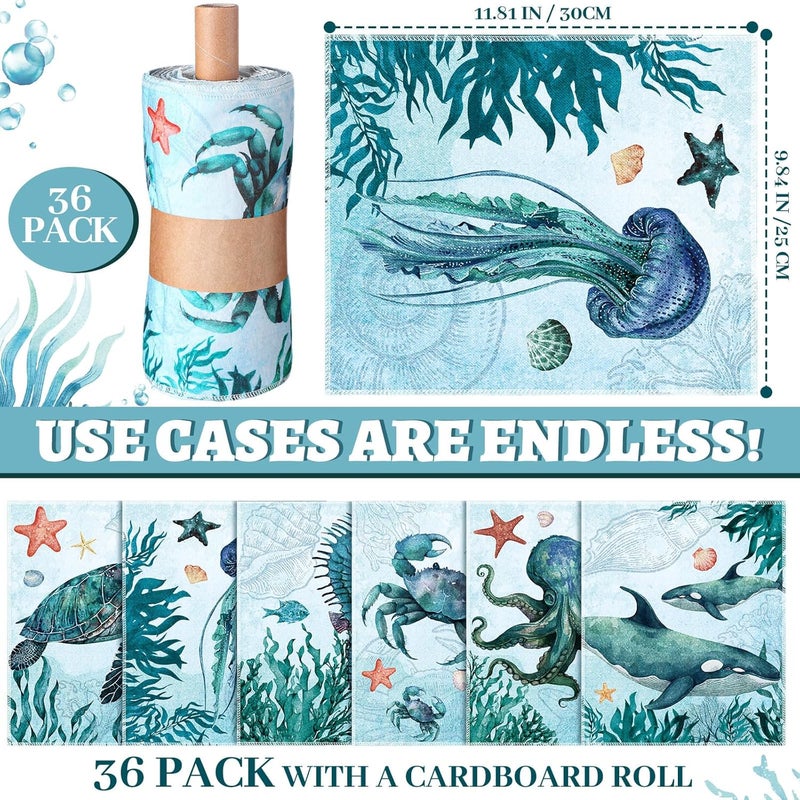 Noveread 36 Pack Sea Animals Reusable Cleaning Cloths Washable Cotton Kitchen Towels for Home (Blue) - Image 2