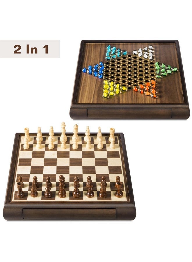 ELONGDI 2 in 1 Magnetic Chess Set & Chinese Checkers 13" Wooden Board Game with Storage Drawer and 60 Glass Marbles + Bonus 12 Spare & 2 Extra Queens,for Kids and Adults - Image 2