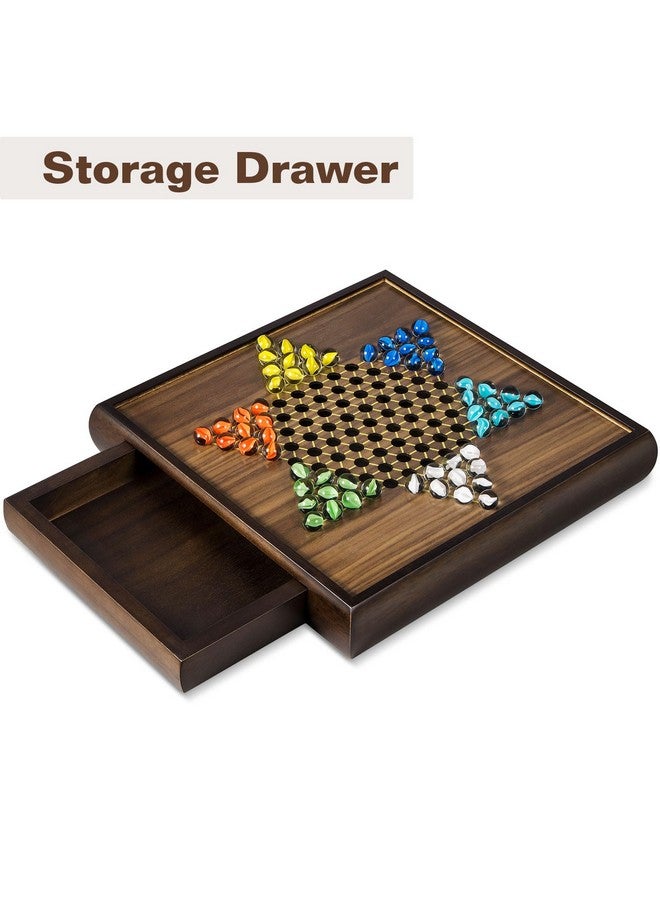 ELONGDI 2 in 1 Magnetic Chess Set & Chinese Checkers 13" Wooden Board Game with Storage Drawer and 60 Glass Marbles + Bonus 12 Spare & 2 Extra Queens,for Kids and Adults - Image 3