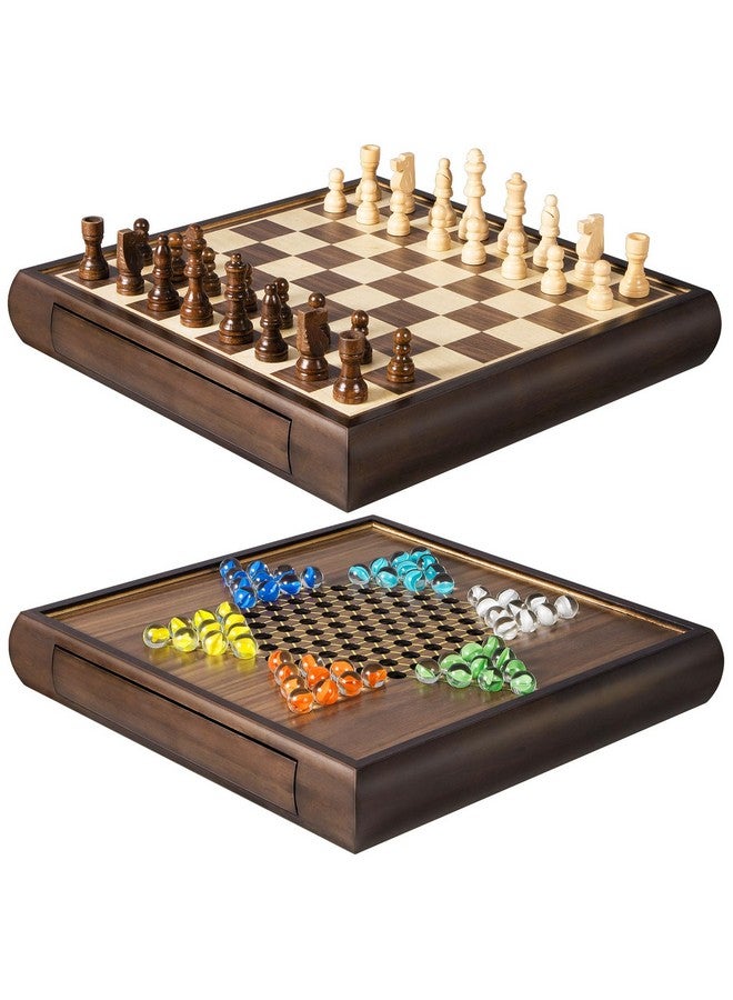 ELONGDI 2 in 1 Magnetic Chess Set & Chinese Checkers 13" Wooden Board Game with Storage Drawer and 60 Glass Marbles + Bonus 12 Spare & 2 Extra Queens,for Kids and Adults - Image 1