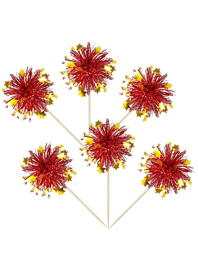 Ephlyn 30Pcs Foil Firework Cupcake Toppers Party Birthday Cake Toppers Supplies Sparkle Tinsel Cocktail Fruit Toothpick for Birthday Wedding Graduation Party Red - Image 3