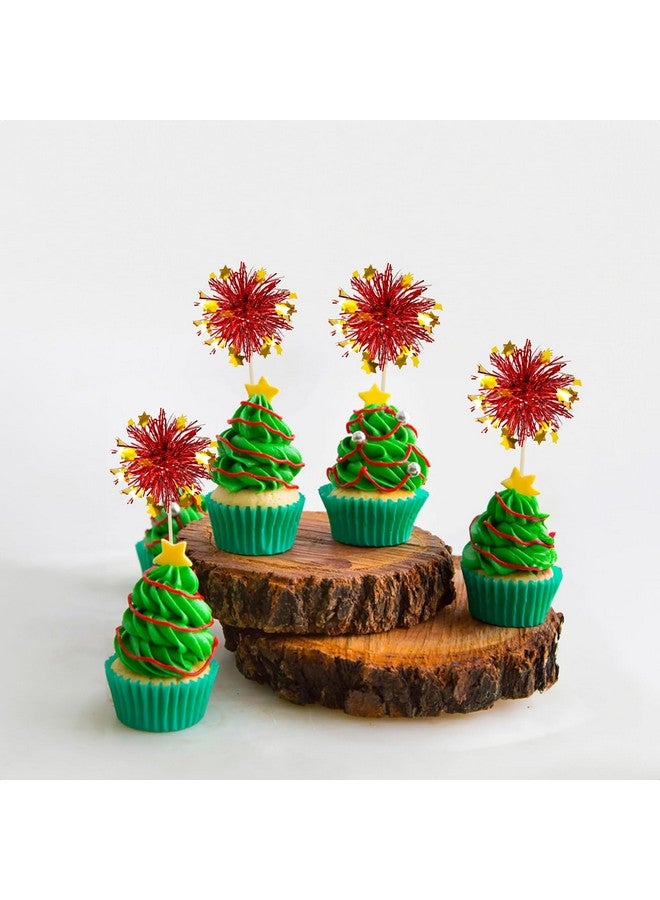 Ephlyn 30Pcs Foil Firework Cupcake Toppers Party Birthday Cake Toppers Supplies Sparkle Tinsel Cocktail Fruit Toothpick for Birthday Wedding Graduation Party Red - Image 4