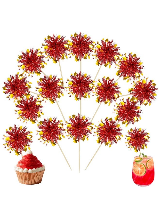 Ephlyn 30Pcs Foil Firework Cupcake Toppers Party Birthday Cake Toppers Supplies Sparkle Tinsel Cocktail Fruit Toothpick for Birthday Wedding Graduation Party Red - Image 1
