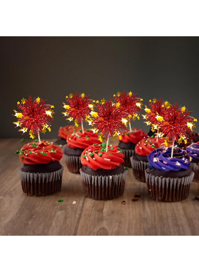 Ephlyn 30Pcs Foil Firework Cupcake Toppers Party Birthday Cake Toppers Supplies Sparkle Tinsel Cocktail Fruit Toothpick for Birthday Wedding Graduation Party Red - Image 5