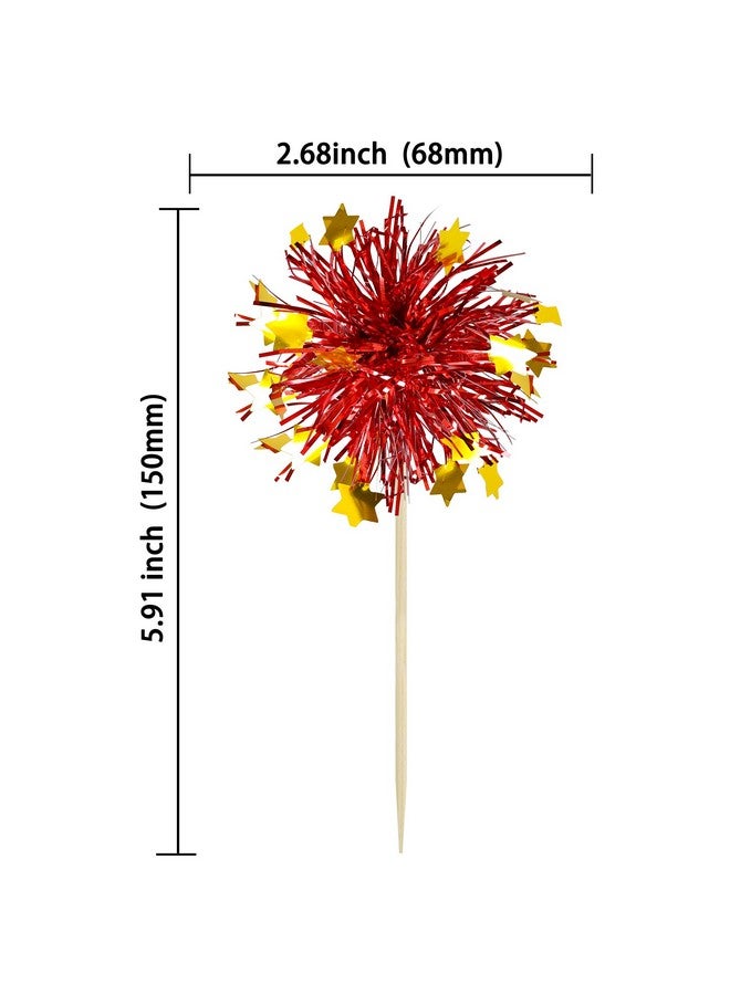 Ephlyn 30Pcs Foil Firework Cupcake Toppers Party Birthday Cake Toppers Supplies Sparkle Tinsel Cocktail Fruit Toothpick for Birthday Wedding Graduation Party Red - Image 2