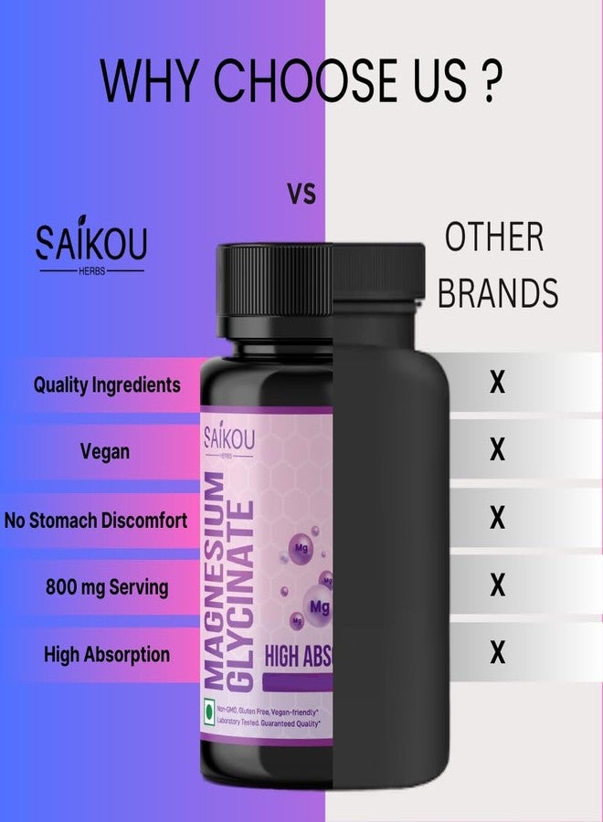 SAIKOU HERBS غليسينات المغنيسيوم المخلبية 1600 ملغ لكل جرعة، امتصاص عالٍ، نقي وفعال - 60 كبسولة - Image 2
