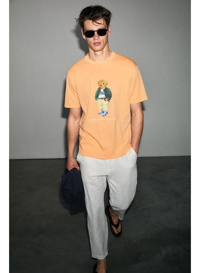 GRIMELANGE YECLA Men's 100% Cotton Round-Collared Printed Detailed Orange T-Shirt.