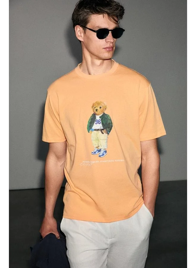 GRIMELANGE YECLA Men's 100% Cotton Round-Collared Printed Detailed Orange T-Shirt.