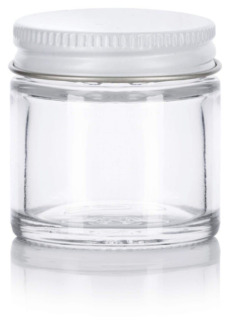 JUVITUS 1 oz / 30 ml Clear Thick Glass Straight Sided Jar with White Metal Airtight Lid (12 Pack) - Image 1