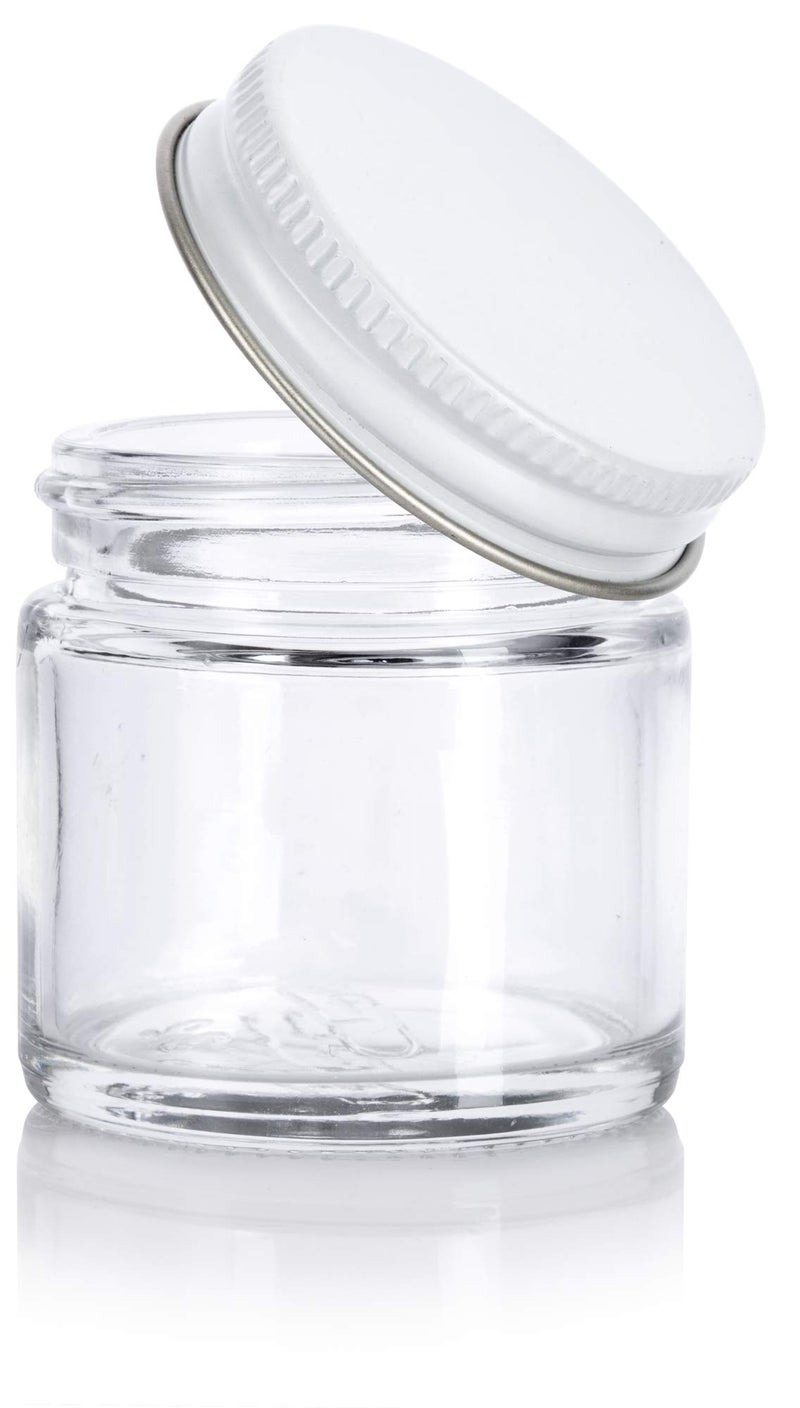 JUVITUS 1 oz / 30 ml Clear Thick Glass Straight Sided Jar with White Metal Airtight Lid (12 Pack) - Image 3