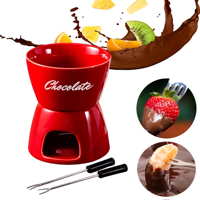 Party Fondue - Compact red ceramic set for melting snacks like cheese and chocolate, lovely design adds joy to kitchens, ideal for intimate dinner parties. - Image 5