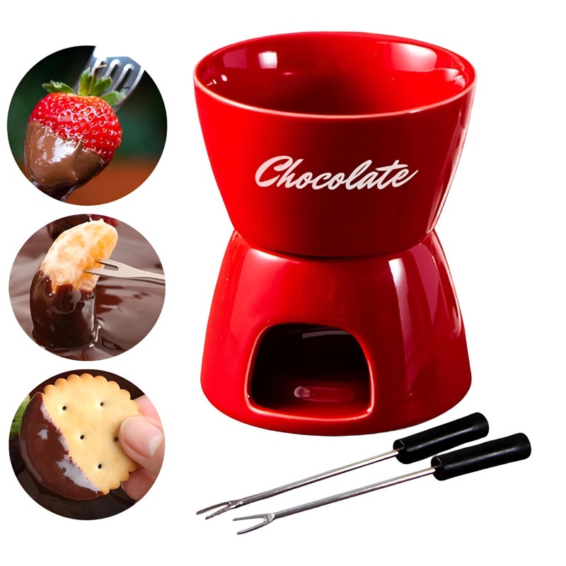 Party Fondue - Compact red ceramic set for melting snacks like cheese and chocolate, lovely design adds joy to kitchens, ideal for intimate dinner parties. - Image 4