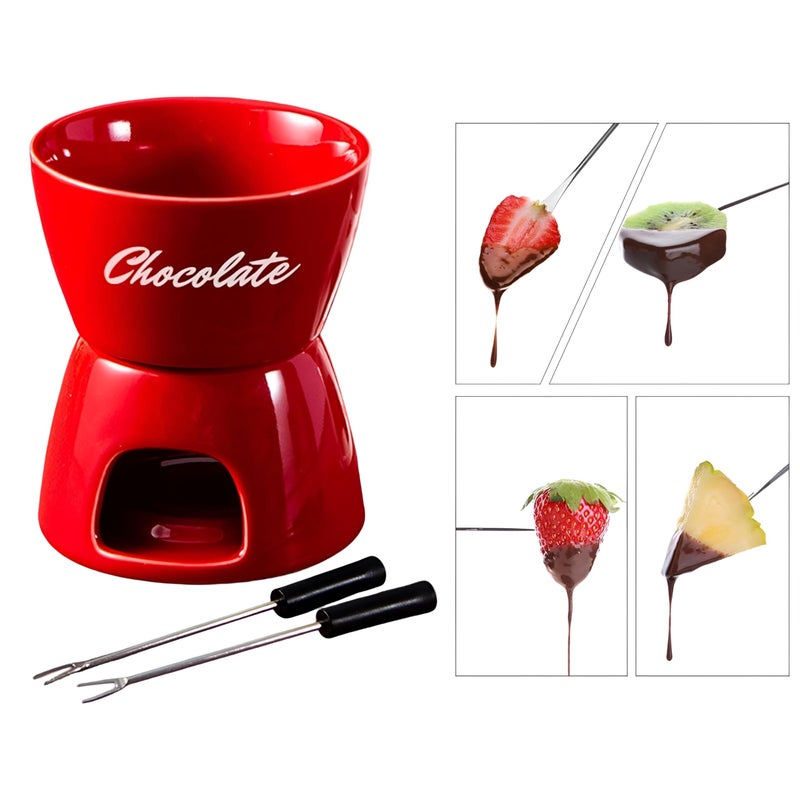 Party Fondue - Compact red ceramic set for melting snacks like cheese and chocolate, lovely design adds joy to kitchens, ideal for intimate dinner parties. - Image 3