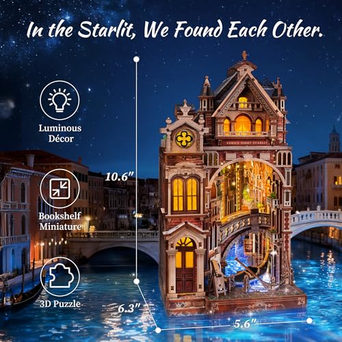 FUNPOLA Venice Night Starlit Book Nook Kit LED 3D Wood Puzzle with Infinity Mirror DIY Bookshelf Decor Miniature Craft Gift for Kids and Adults - Image 5