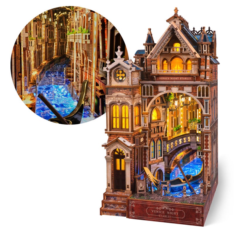 FUNPOLA Venice Night Starlit Book Nook Kit LED 3D Wood Puzzle with Infinity Mirror DIY Bookshelf Decor Miniature Craft Gift for Kids and Adults - Image 3