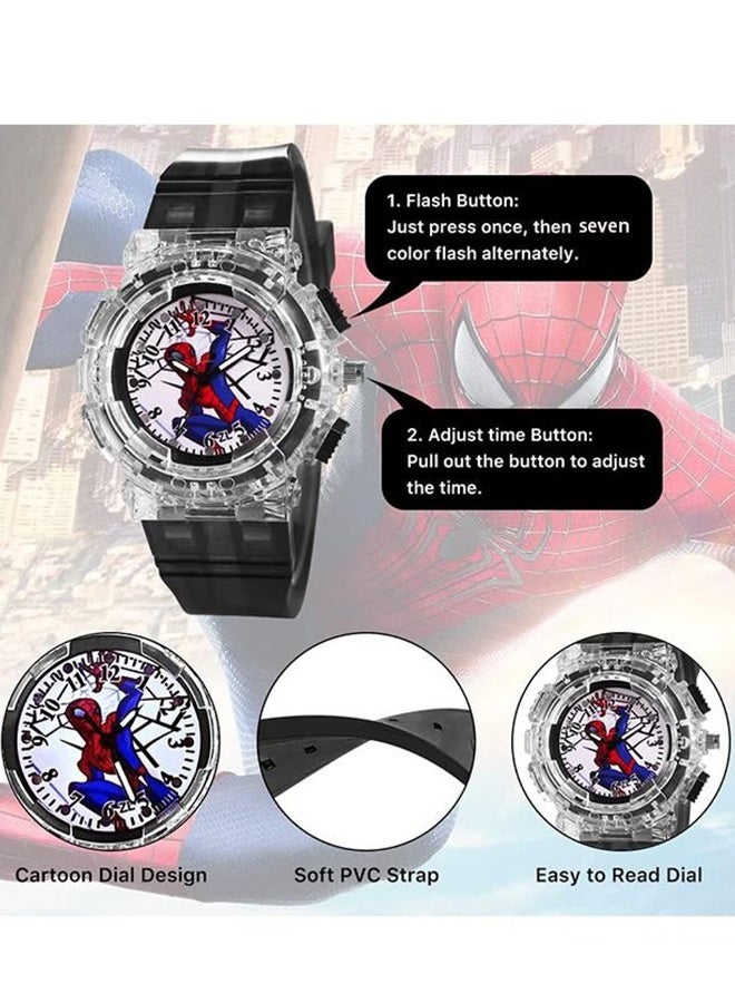 ساعة أطفال تناظرية سوبر هيرو سبايدرمان بحزام قابل للتعديل لتعلم الوقت مع 3 ألوان وامضة هدية رائعة وغير مكلفة للأطفال الصغار والفتيان والفتيات  المدرسة وقت اللعب  الارتداء اليومي الحفلات، أسود - Image 3