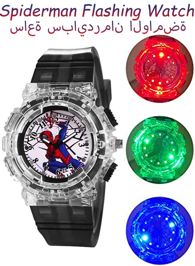 ساعة أطفال تناظرية سوبر هيرو سبايدرمان بحزام قابل للتعديل لتعلم الوقت مع 3 ألوان وامضة هدية رائعة وغير مكلفة للأطفال الصغار والفتيان والفتيات  المدرسة وقت اللعب  الارتداء اليومي الحفلات، أسود - Image 1