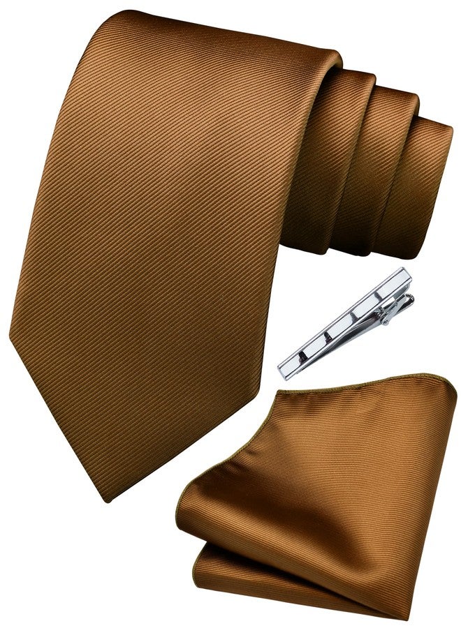 Branduce Silk Brown Tie for Men Wedding Business Solid Necktie Pocket Square and Tie Clip Set (TA01-22) - Image 1