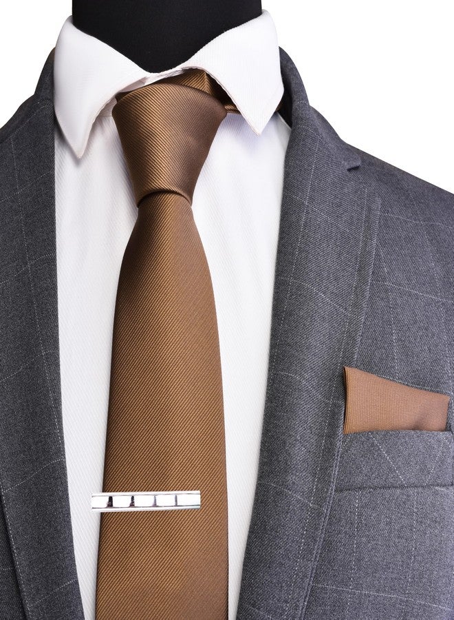 Branduce Silk Brown Tie for Men Wedding Business Solid Necktie Pocket Square and Tie Clip Set (TA01-22) - Image 2