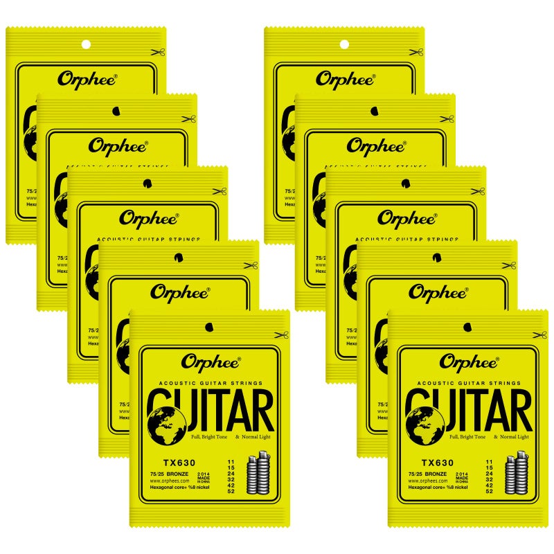 POGOLAB Guitar Strings, Acoustic Guitar Strings, 6 Strings Set, Hexagonal Carbon Core 75/25 Bronze, Light, 11-52, 10 Packs - Image 1