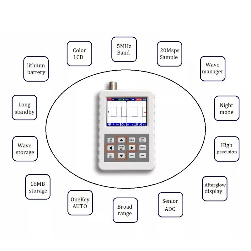 Handheld Oscilloscope White P6100 Oscilloscope Probe 20MS/s Real-Time Sampling Rate 5MHz Analog Bandwidth - One Button Auto Digital Oscilloscope 2.4 Inch Color Display 320*240 Resolution for Electroni - Image 2