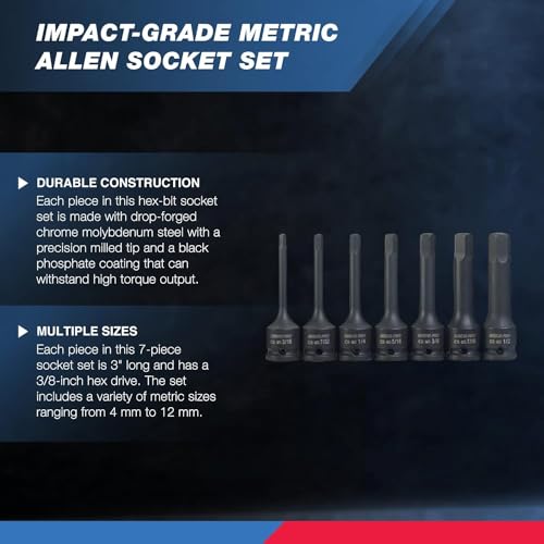 NEIKO 01130B 38 Drive Allen Socket Set 7 Piece 3 Inch 38 Impact Hex Bit Socket Set Metric Hex Driver 4 mm to 12 mm ChromeMoly CrMo Impact Grade - Image 3