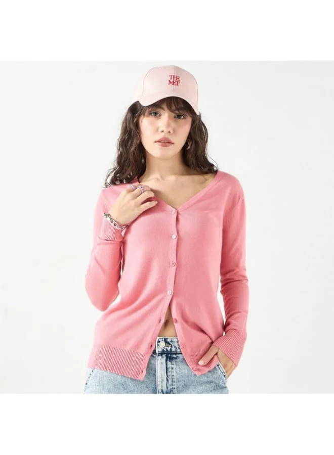 2Xtremz 2Xtremz Solid V-Neck Cardigan with Long Sleeves and Button Closure