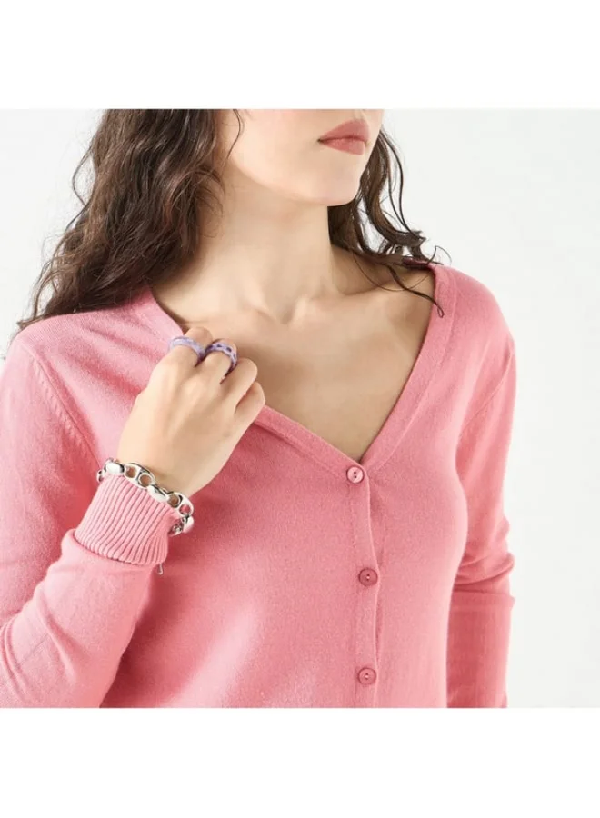 2Xtremz 2Xtremz Solid V-Neck Cardigan with Long Sleeves and Button Closure
