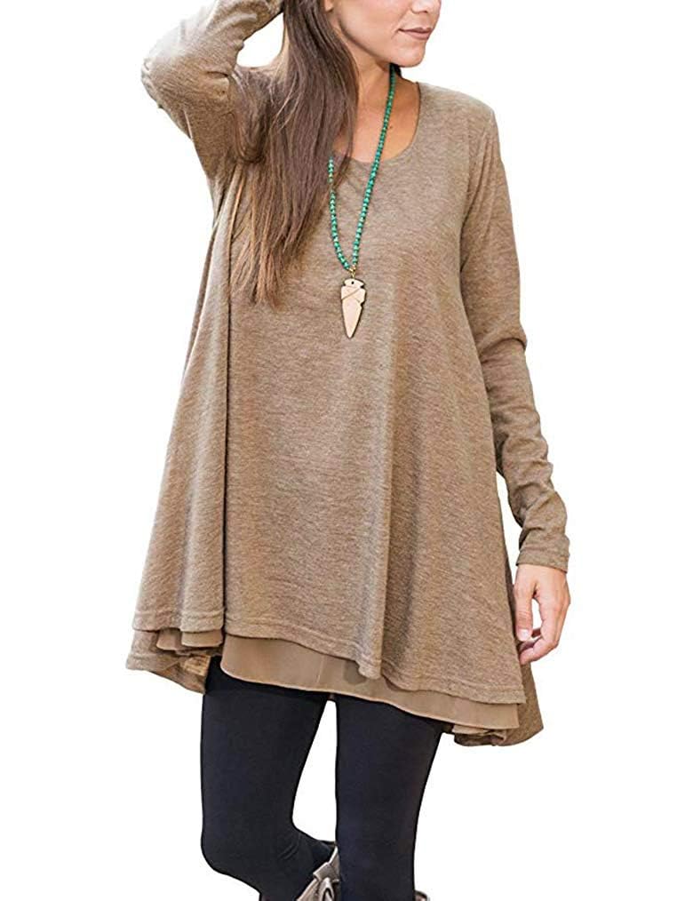 Poetsky Women Long Sleeve Round Neck Chiffon Hem Loose Layered Tunic Tops (S, Brown) - Image 1