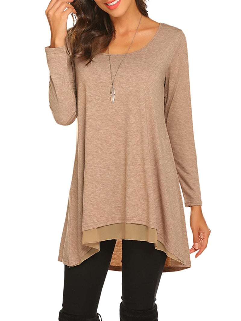 Poetsky Women Long Sleeve Round Neck Chiffon Hem Loose Layered Tunic Tops (S, Brown) - Image 3