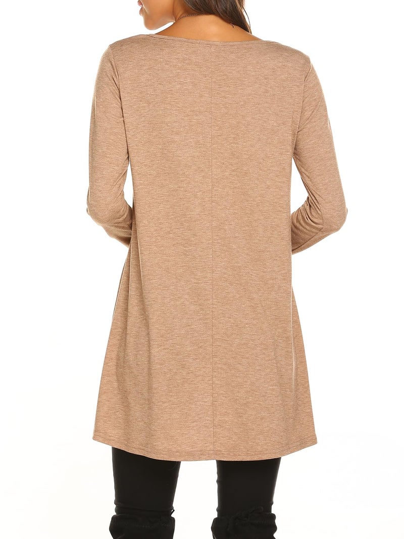Poetsky Women Long Sleeve Round Neck Chiffon Hem Loose Layered Tunic Tops (S, Brown) - Image 5
